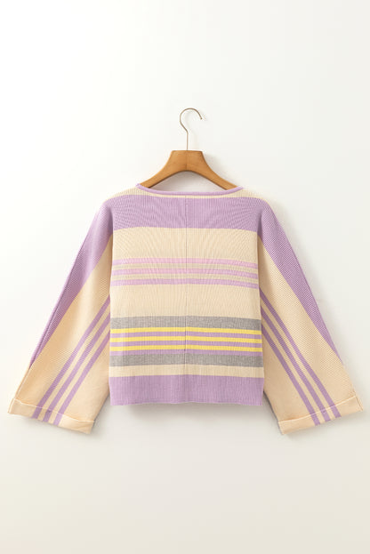 Trendy Purple Striped Dolman Sleeve Rib Knit Sweater with Cuffed Detail