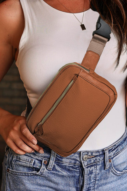 Sleek camel multi-zip crossbody bag for everyday adventures