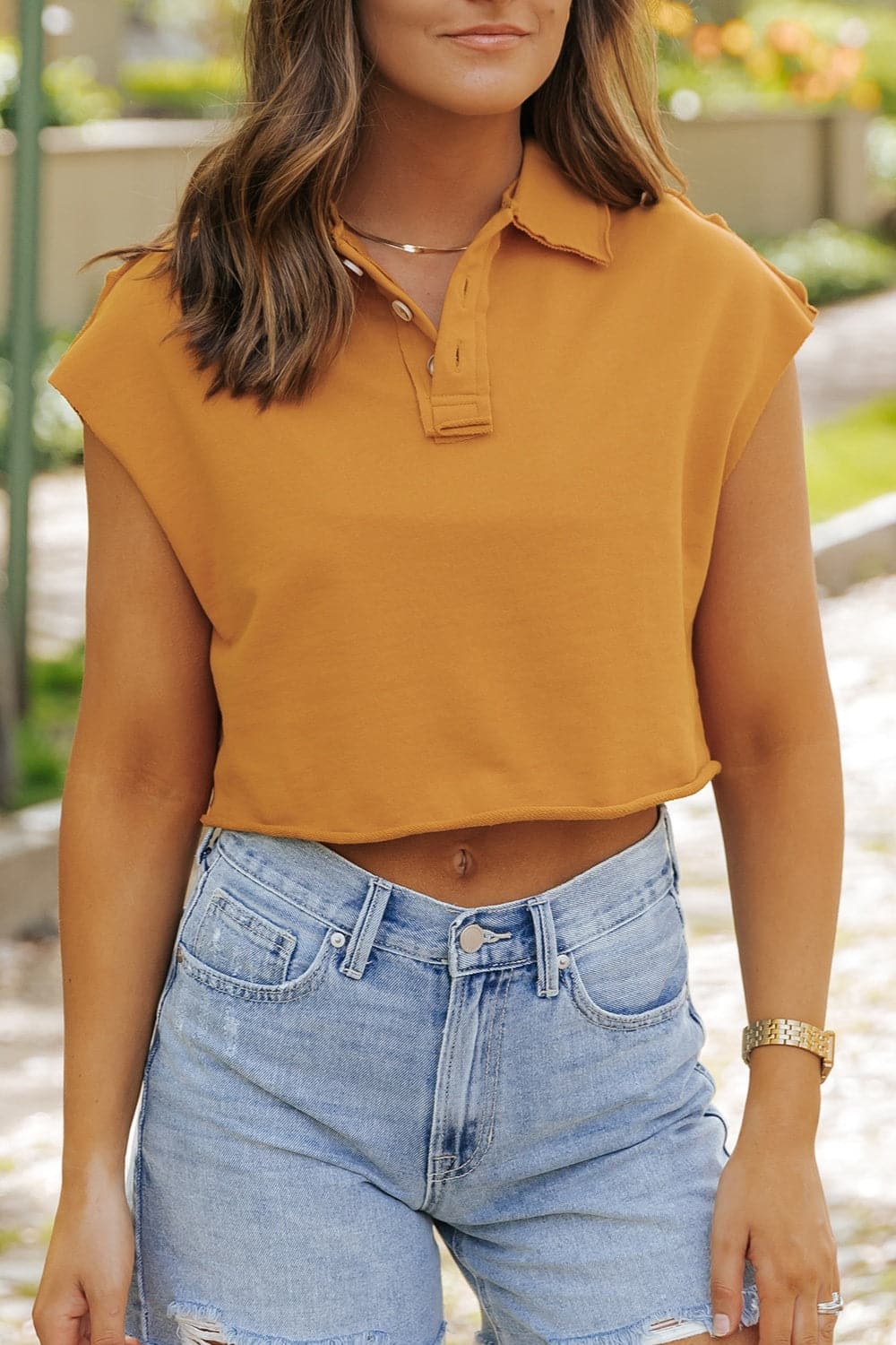 Collared Neck Cap Sleeve T-Shirt.