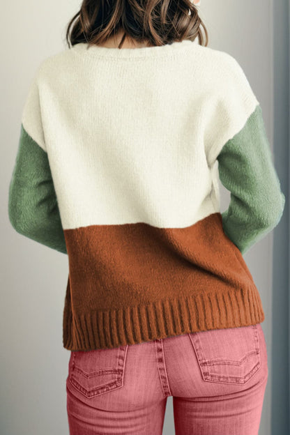 Color Block Round Neck Long Sleeve Sweater.