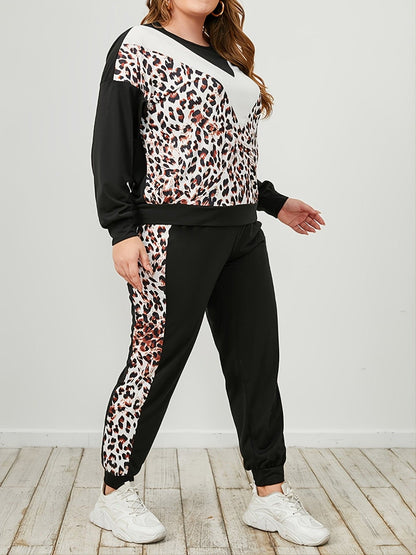 Plus Size Leopard Sweatshirt and Sweatpants Set.