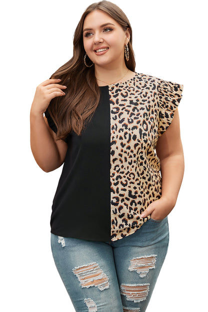 Chic black leopard flutter sleeve plus size top