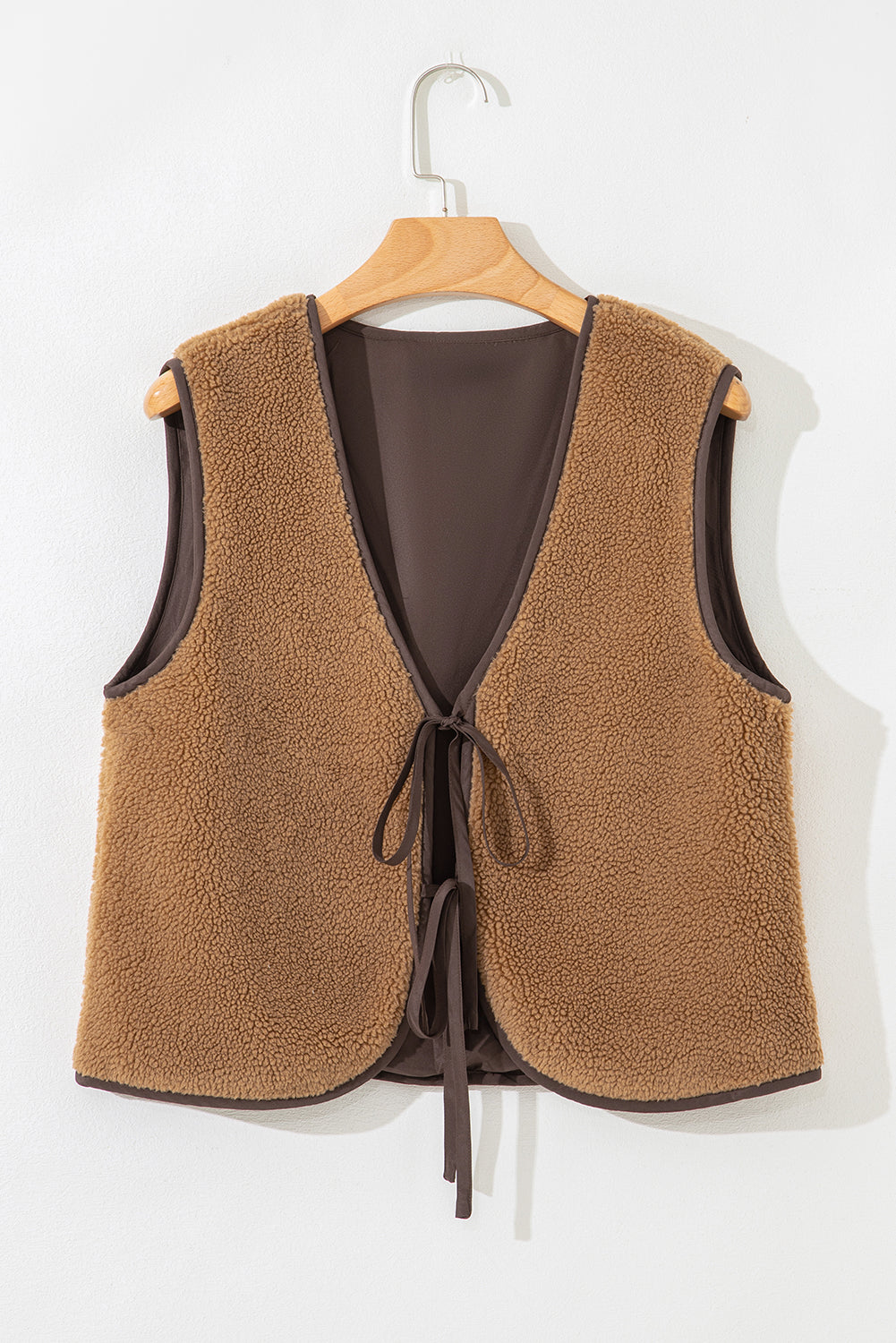 Light French Beige Contrast Trim Tie Front Sherpa Vest Love Salve