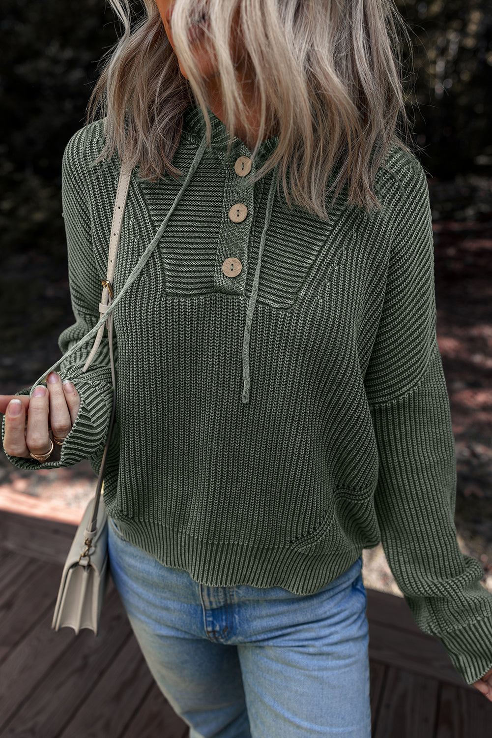 Mist Green Mineral Wash Ribbed Knit Hooded Sweater
