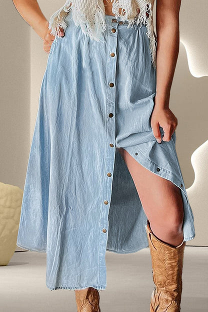 Snap Down High Waist Denim Skirt.