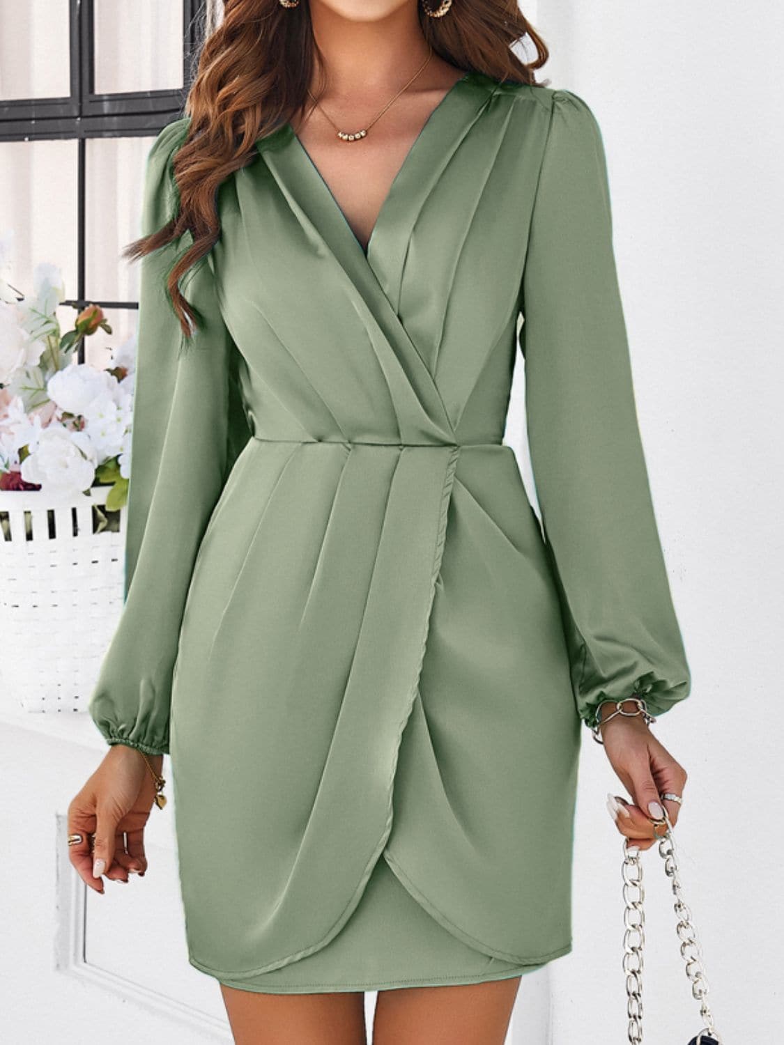 Ruched Surplice Long Sleeve Mini Dress.