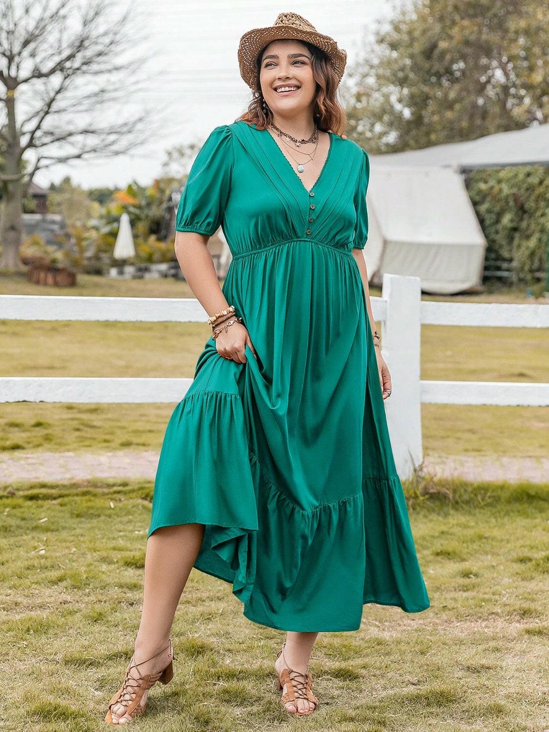 Plus Size V-Neck Short Sleeve Ruffle Hem Dress.