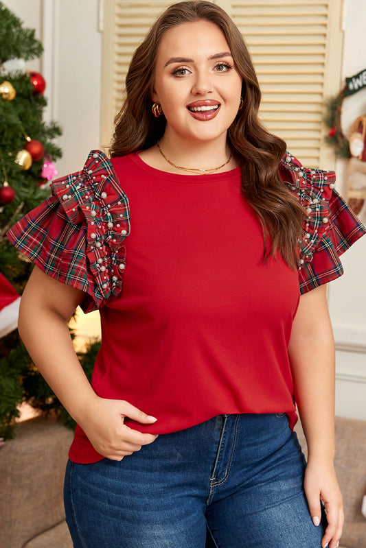 Racing Red Plaid Ruffled Plus Size Knit Christmas Shirt Dear-Lover Dropshipping