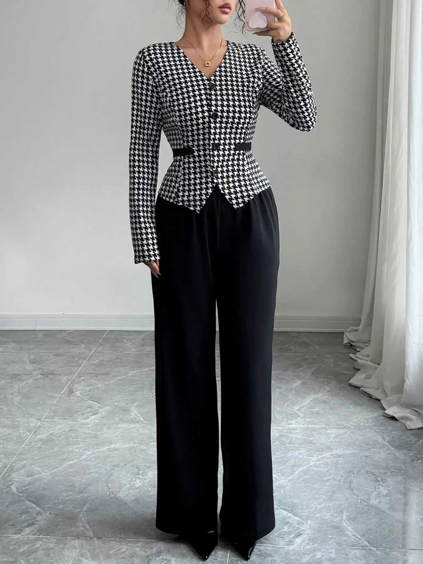 Houndstooth Blazer & Wide Leg Pants Set Simply Love