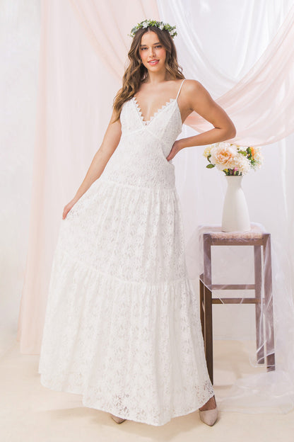 Lace Wonderland Dream Maxi Dress with V neckline and tiered skirt.