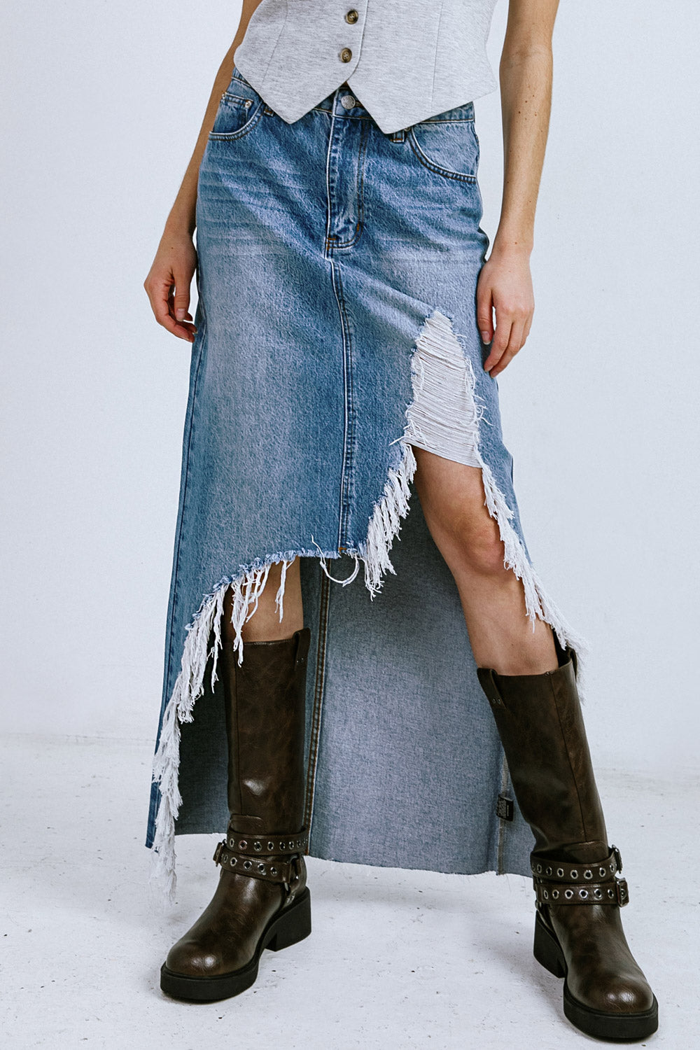 Denim A DISTANT MEMORY DENIM MIDI SKIRT - Front view by Flying Tomato