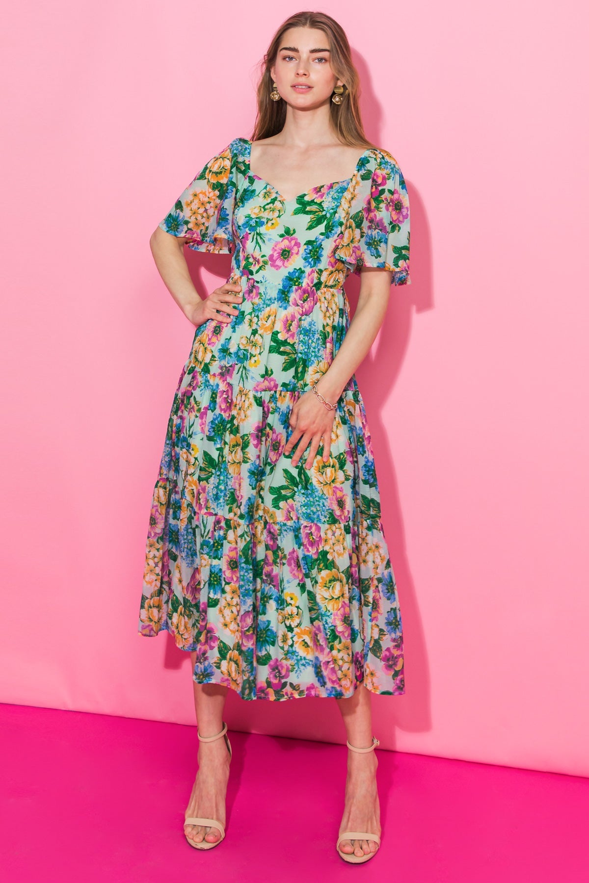 YOUR PLACE OR MINE FLORAL WOVEN MIDI DRESS