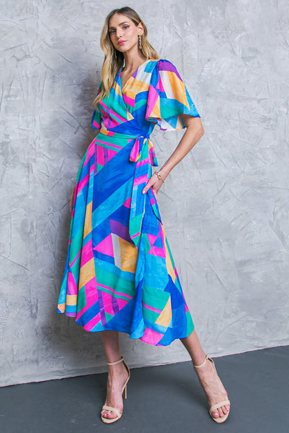 Colorful A-line wrap midi dress with flutter sleeves and side tie.