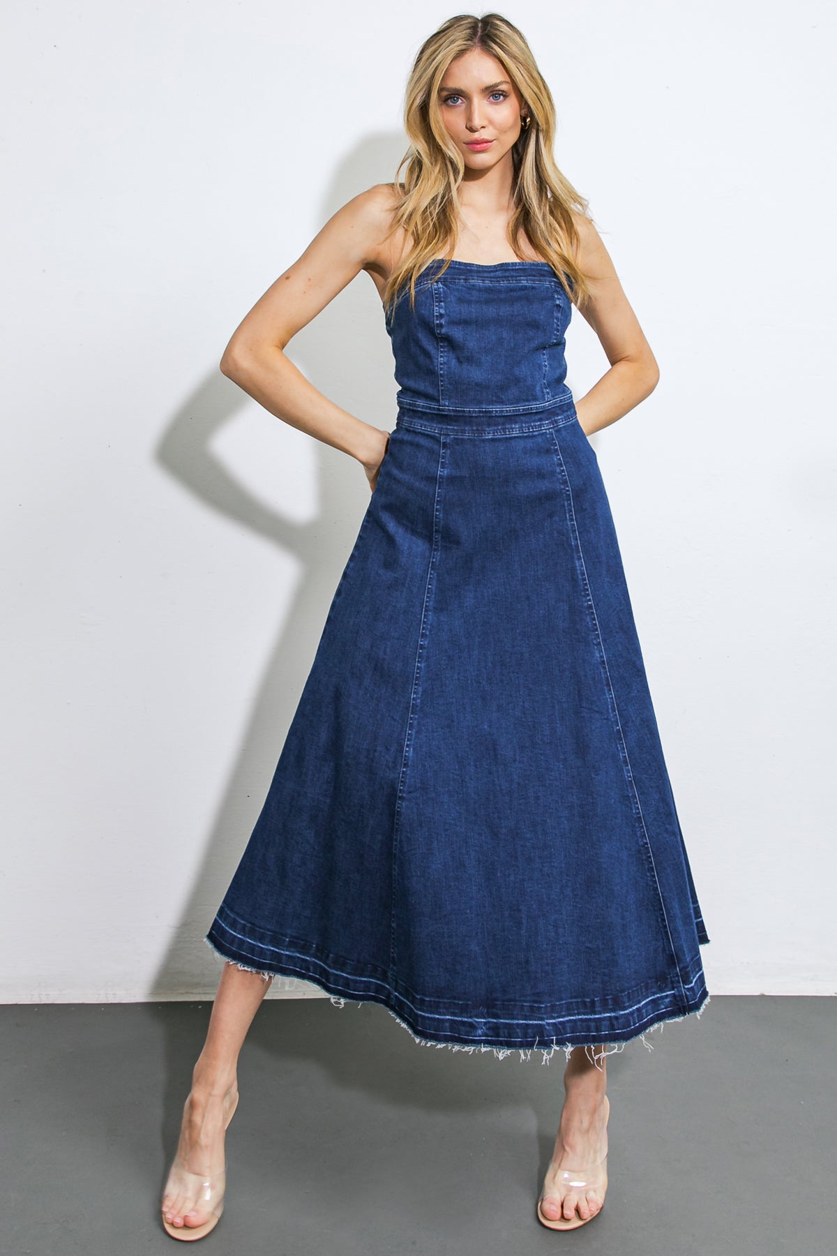 HERE GOES NOTHING DENIM MIDI DRESS Flying Tomato