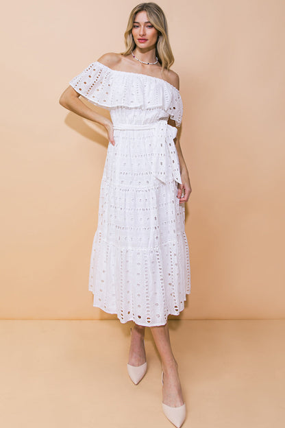 CATCHING MY BREATH EYELET MIDI DRESS