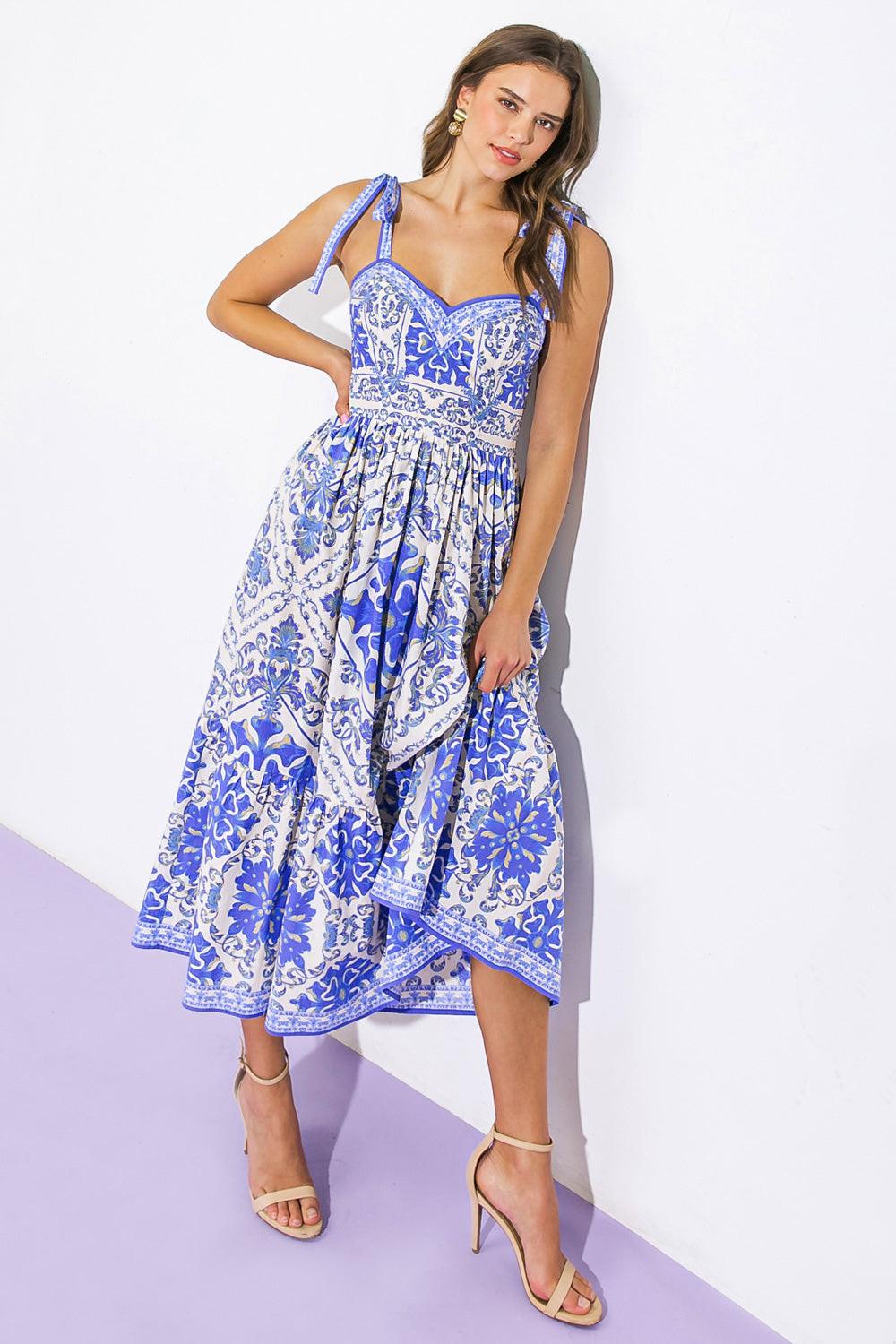 Flying Tomato FINDING MY PEACE WOVEN MIDI DRESS worn by a model, illustrating its comfortable fit and versatile style.