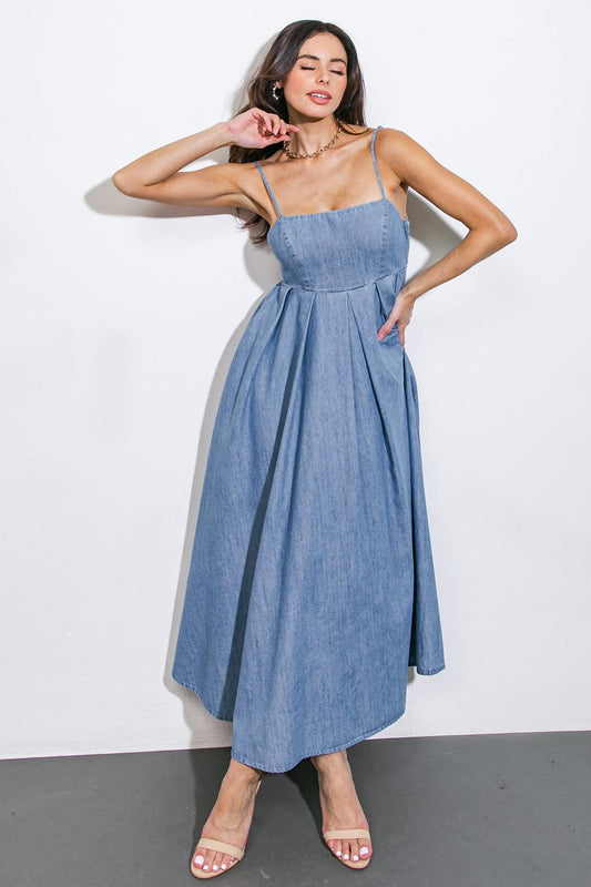Flying Tomato CAPTIVATING HEART DENIM MIDI DRESS, full front view. Stylish blue denim midi dress with unique heart design.