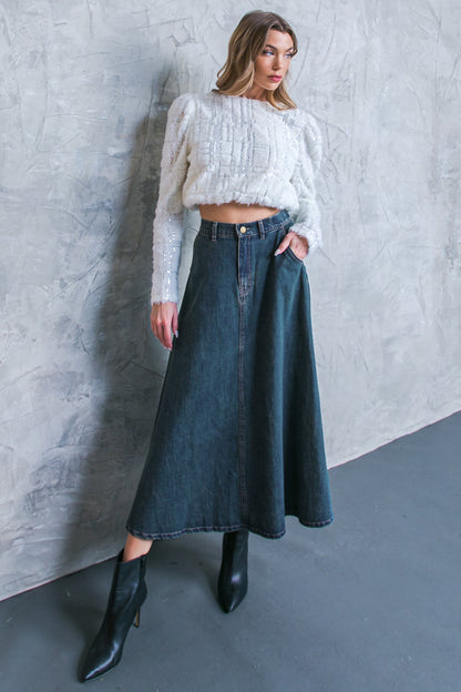 CALLING ALL THE TIME DENIM MIDI SKIRT