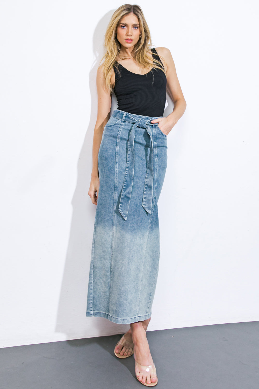 THE GRASS IS GREENER DENIM MIDI SKIRT