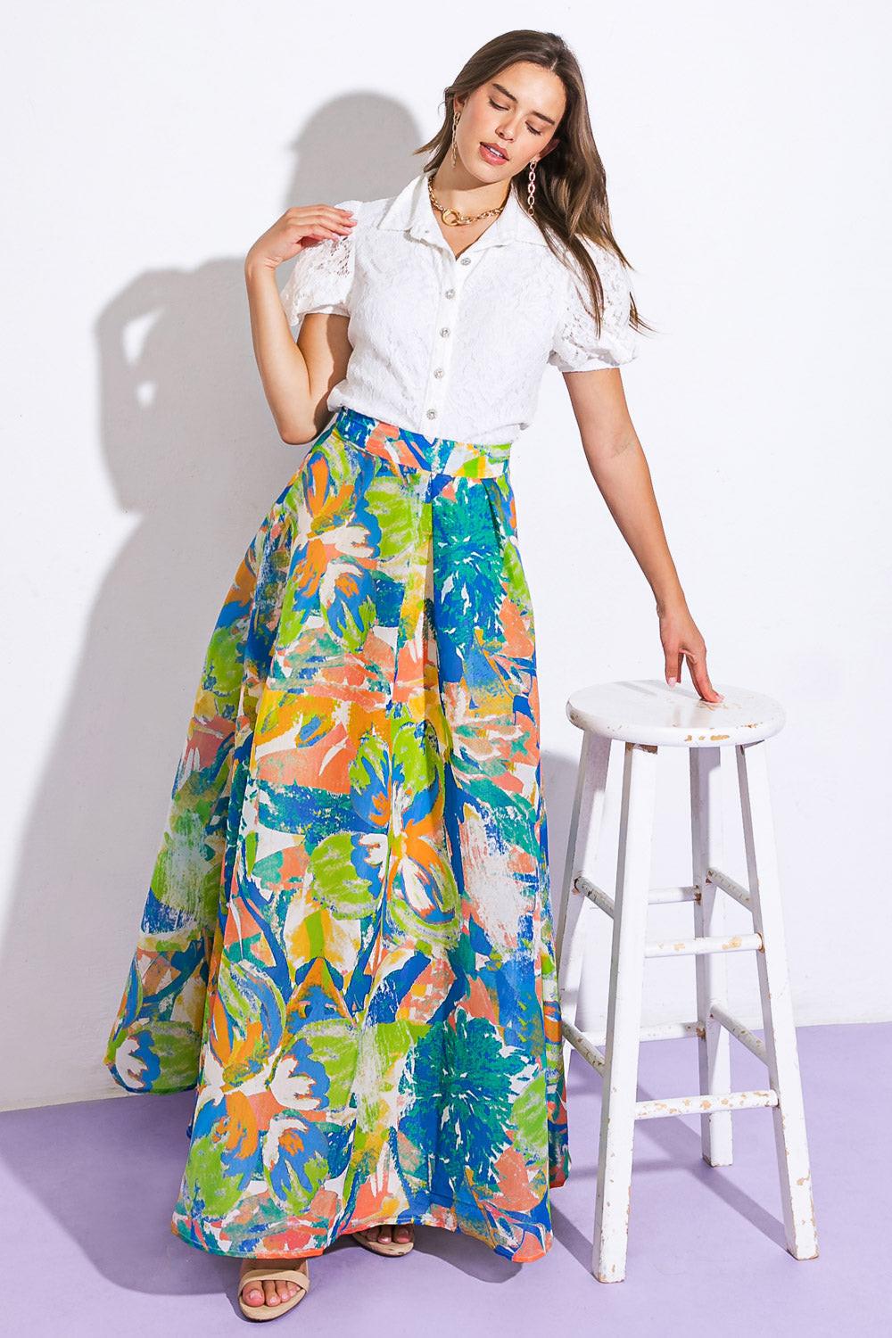 Flying Tomato Coastal Chic Woven Maxi Skirt on a model, showcasing its elegant flow and versatile style for quality outfits.