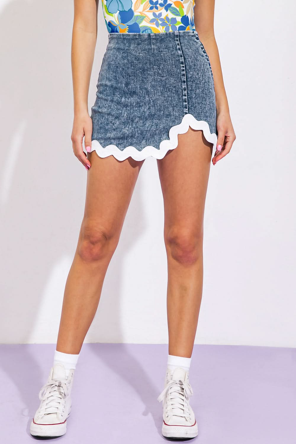 Acid Washed Denim Skort with Contrasting Hemline