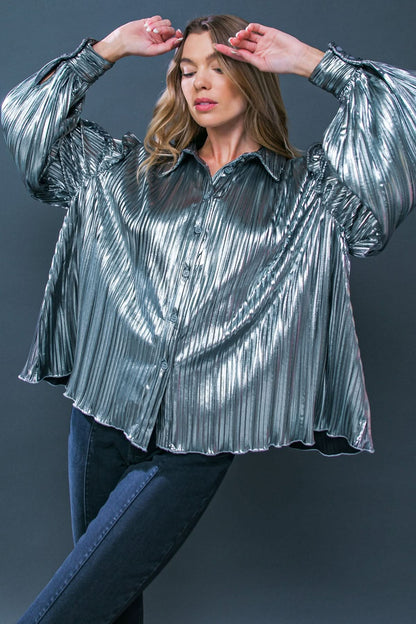 Chic Metallic Pleated Shirt Top