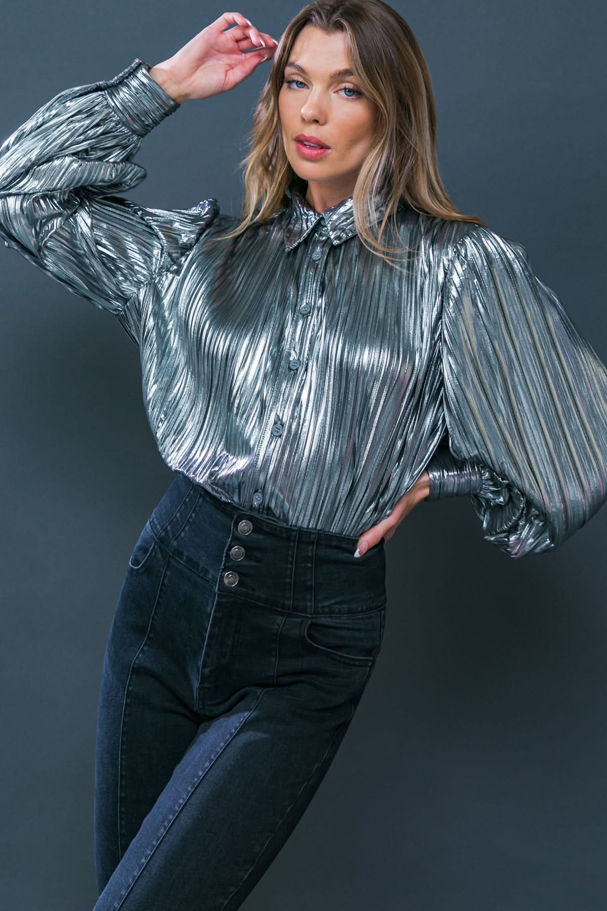 Chic Metallic Pleated Shirt Top