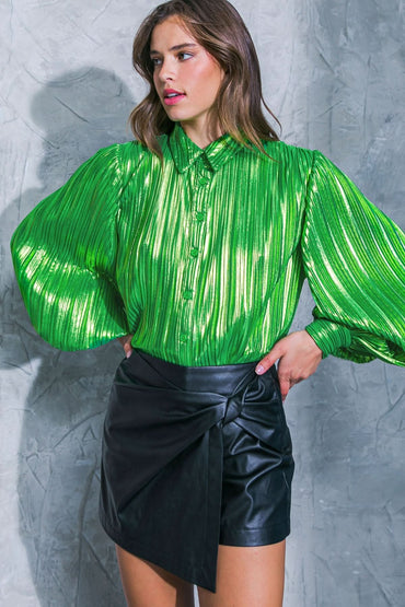 Chic Metallic Pleated Shirt Top