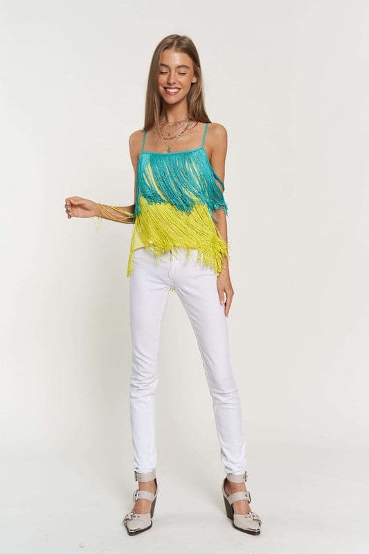 Fringe Overlay Cross Straps Party Cami Top.