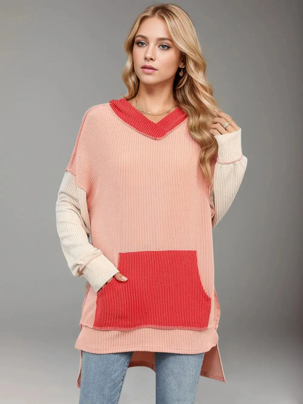 Double Take Contrast Hooded Long Sleeve Top - Love Salve