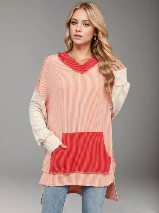 Double Take Contrast Hooded Long Sleeve Top - Love Salve