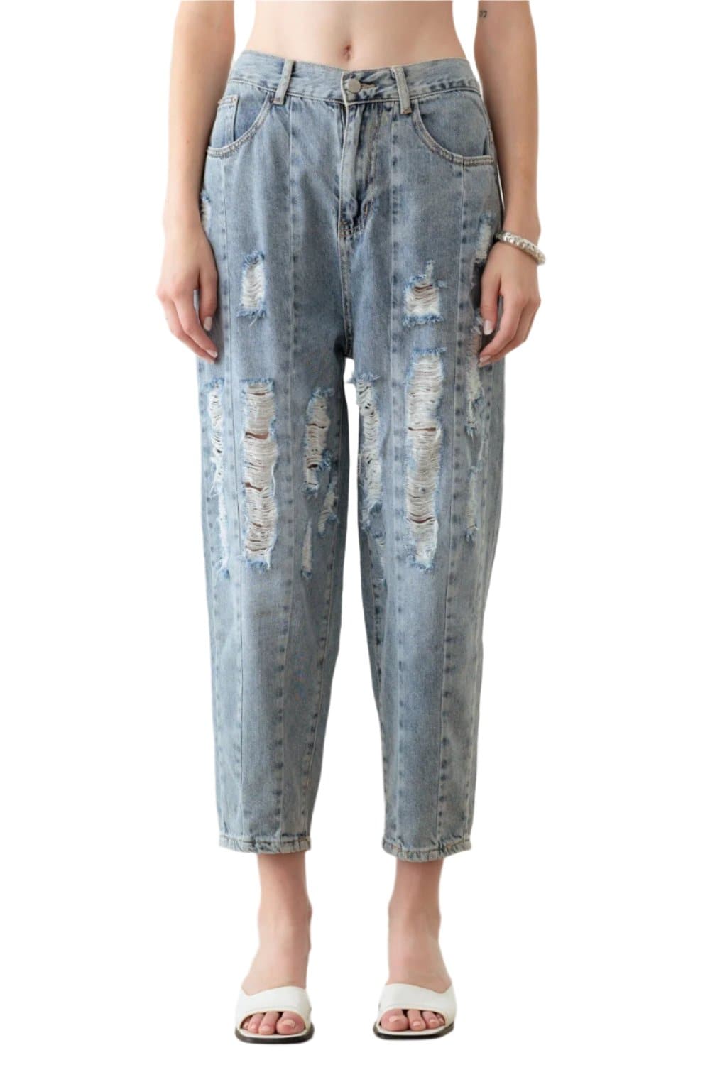 Litz La Washed Barrel Leg High Waist Distressed Jeans.