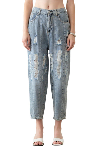 Litz La Washed Barrel Leg High Waist Distressed Jeans.