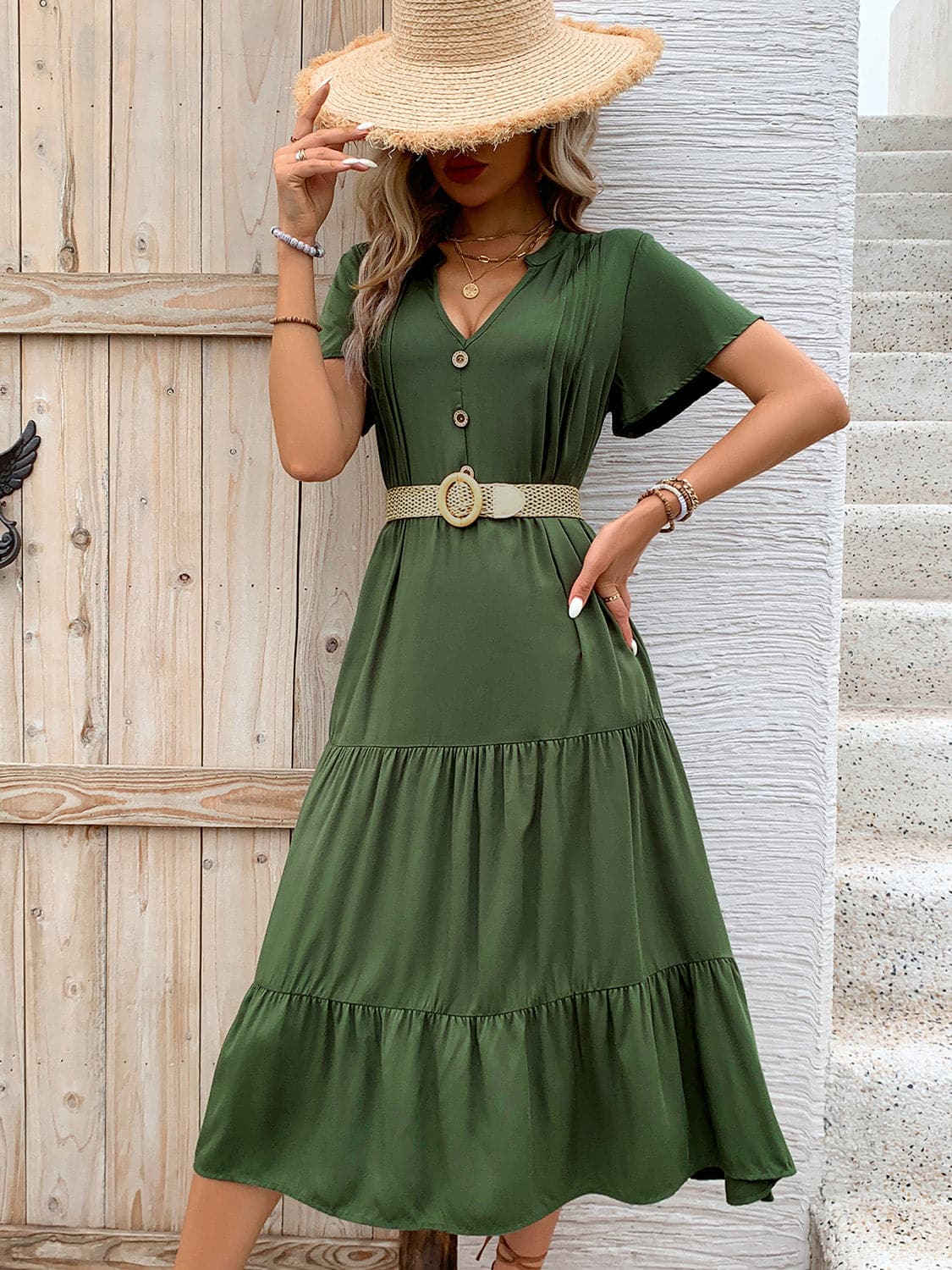 Tiered Notched Short Sleeve Midi Dress.