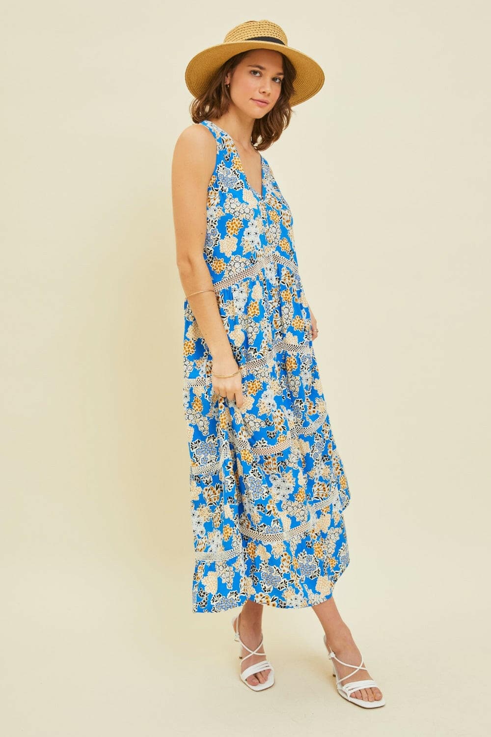 HEYSON Full Size Printed Crochet Trim Maxi Dress.