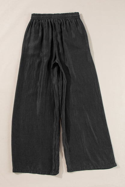 Chic black drawstring wide leg denim trousers with high waist design