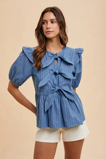Annie Wear Stripe Front Bow Denim Peplum Blouse - Love Salve 