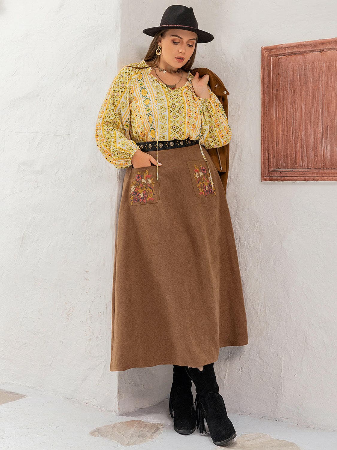 Plus Size Embroidered Pocketed High Waist Skirt.