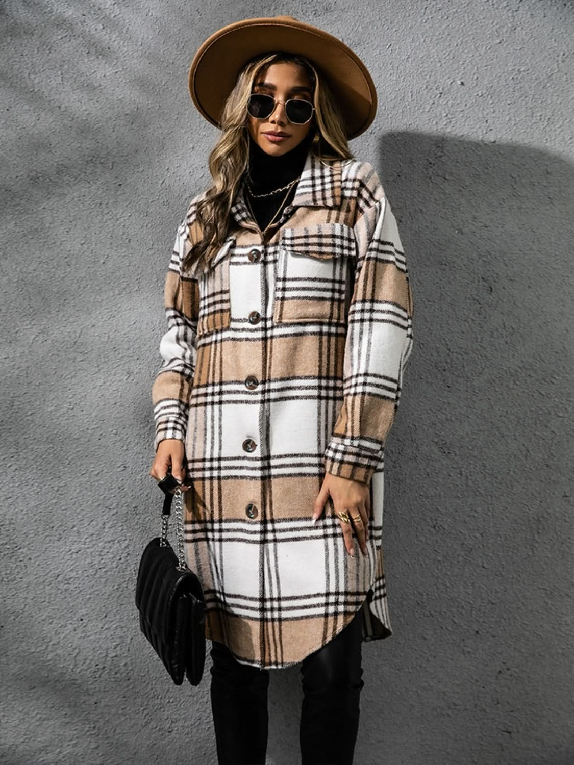 Plaid collared long sleeve coat