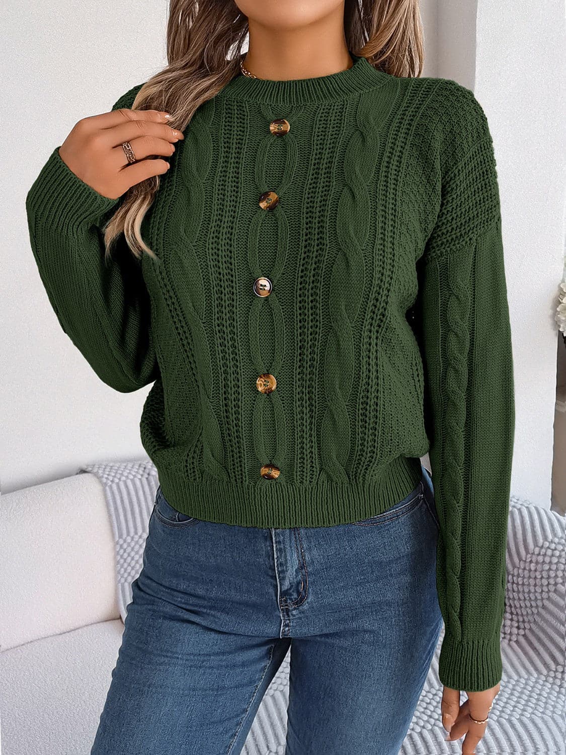 Cable-Knit Buttoned Round Neck Sweater.