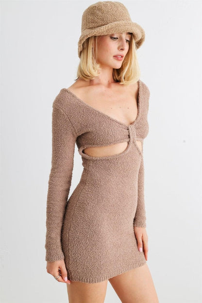 HERA COLLECTION Fluffy Bow Cut-Out Detail Long Sleeve Mini Dress.