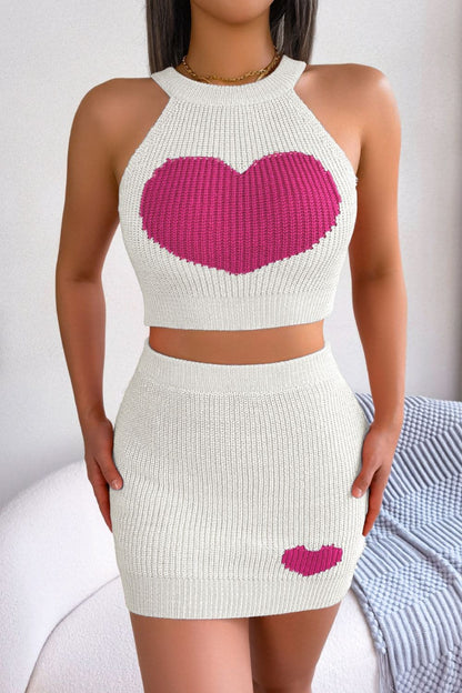 Heart Contrast Ribbed Sleeveless Knit Top and Skirt Set.