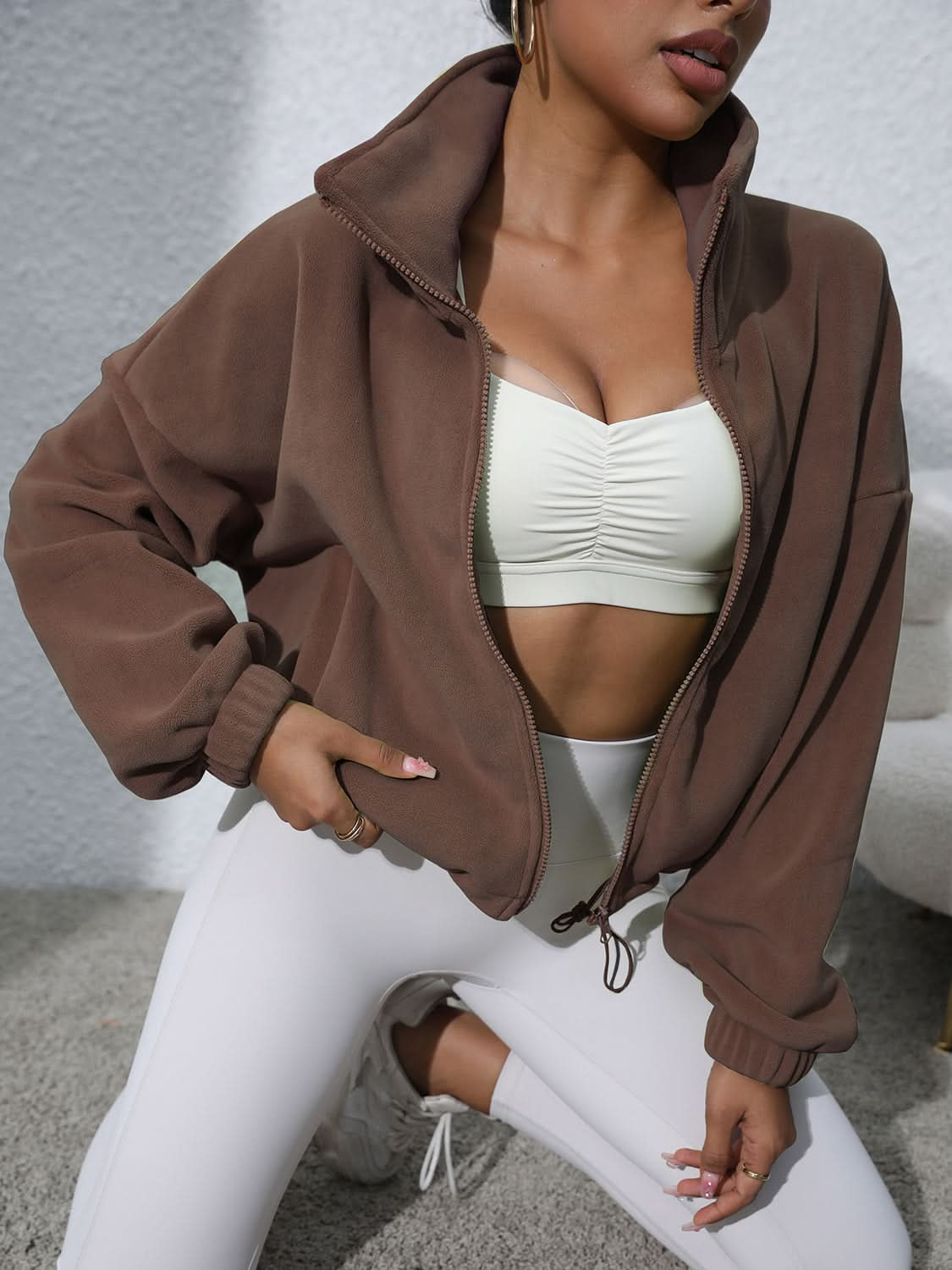 Drawstring Turtleneck Zip Up Long Sleeve Jacket