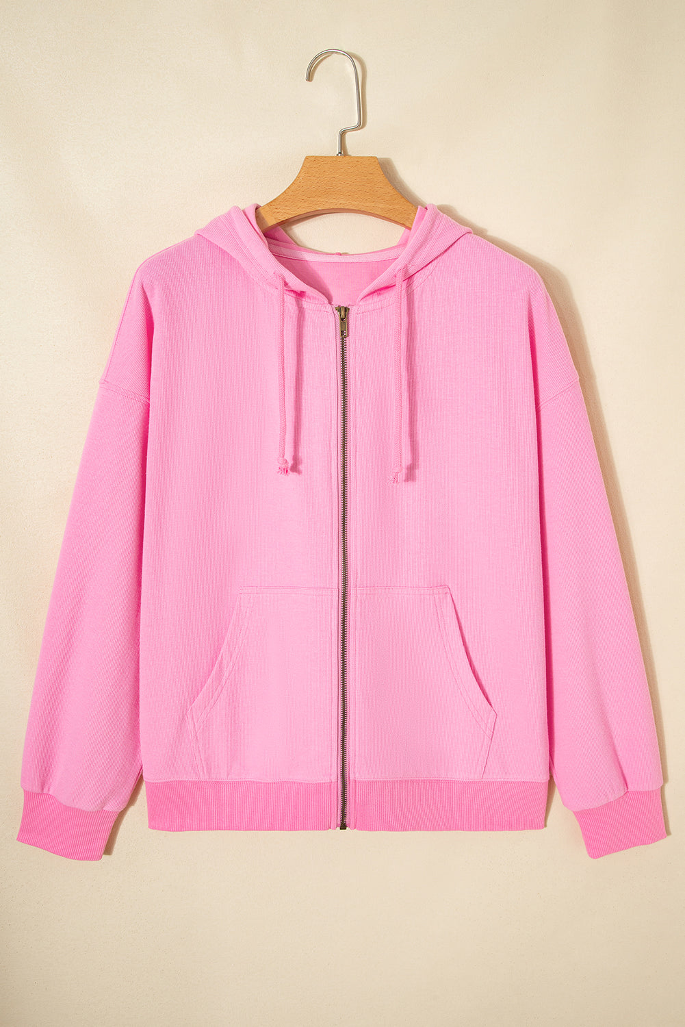 Sachet Pink Solid Color Ribbed Zip Up Hooded Jacket With Drawstring Dear-Lover Dropshipping