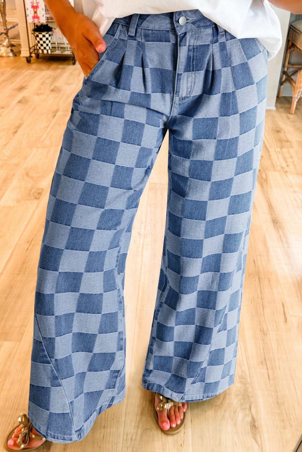 Dusk Blue Plaid Wide Leg Denim Trousers