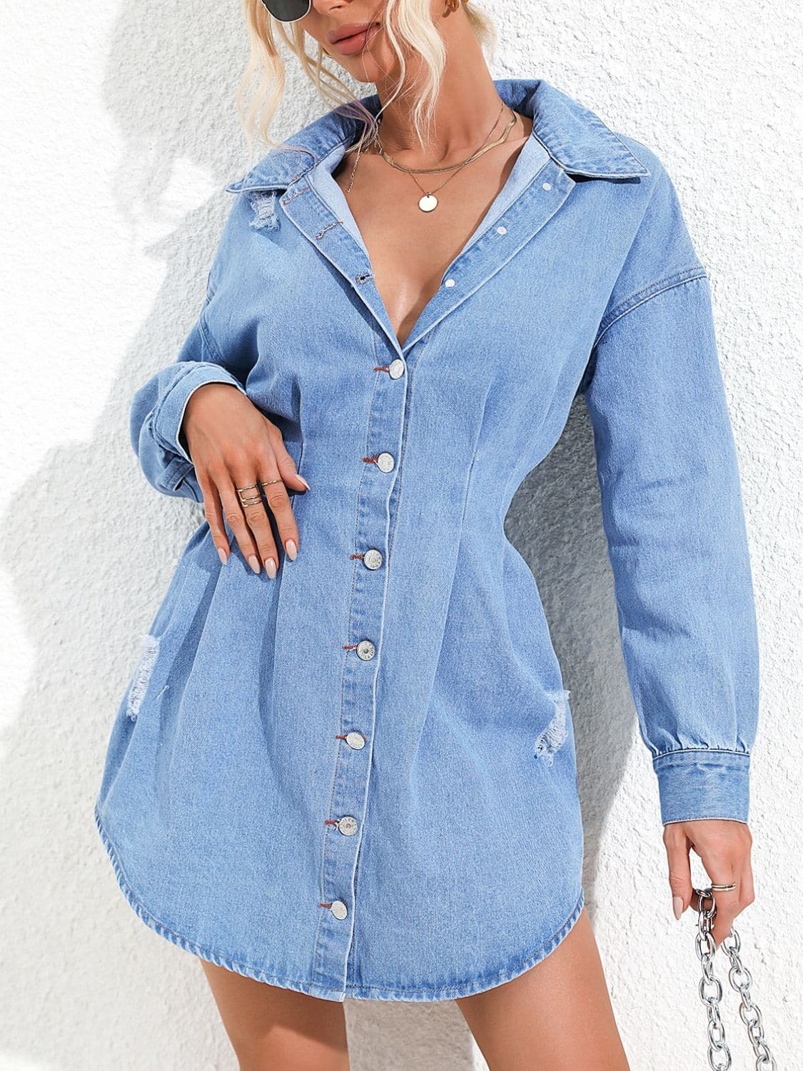 Distressed Button Up Long Sleeve Denim Dress.