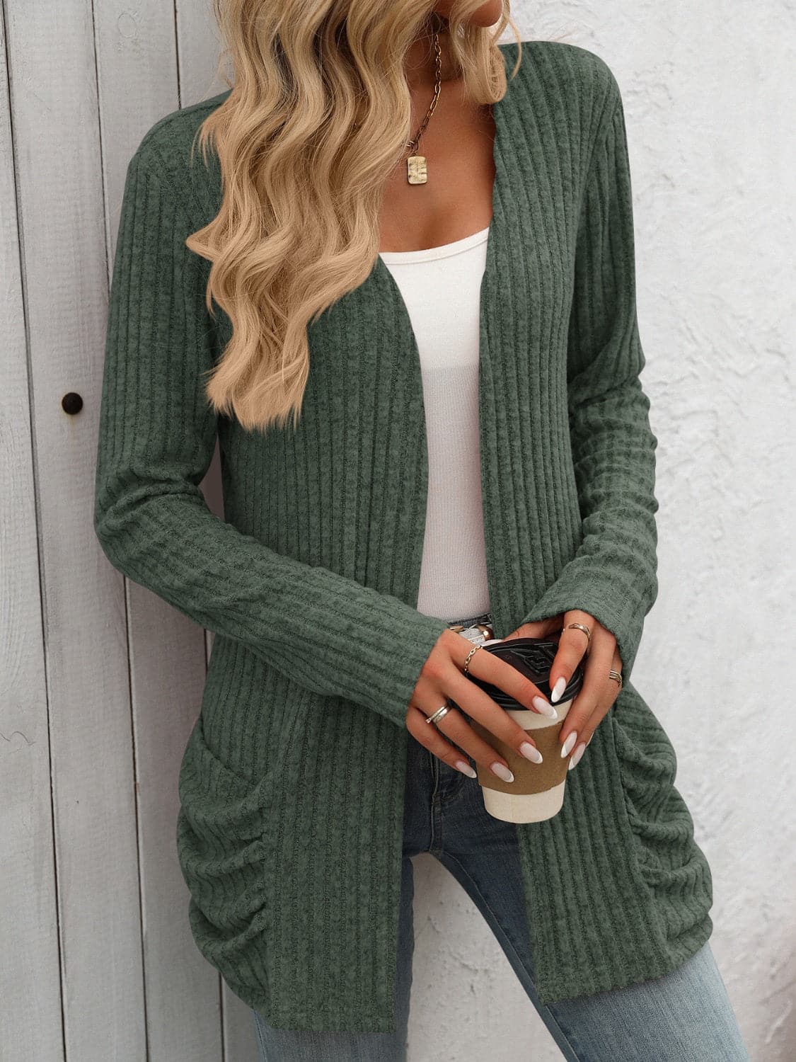 Open Front Long Sleeve Ribbed Cardigan.