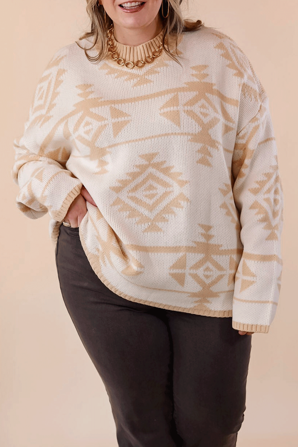 Dear-Lover Apricot Aztec Plus Size Women's Sweater Winter Warm Loose Fit Dear-Lover Dropshipping