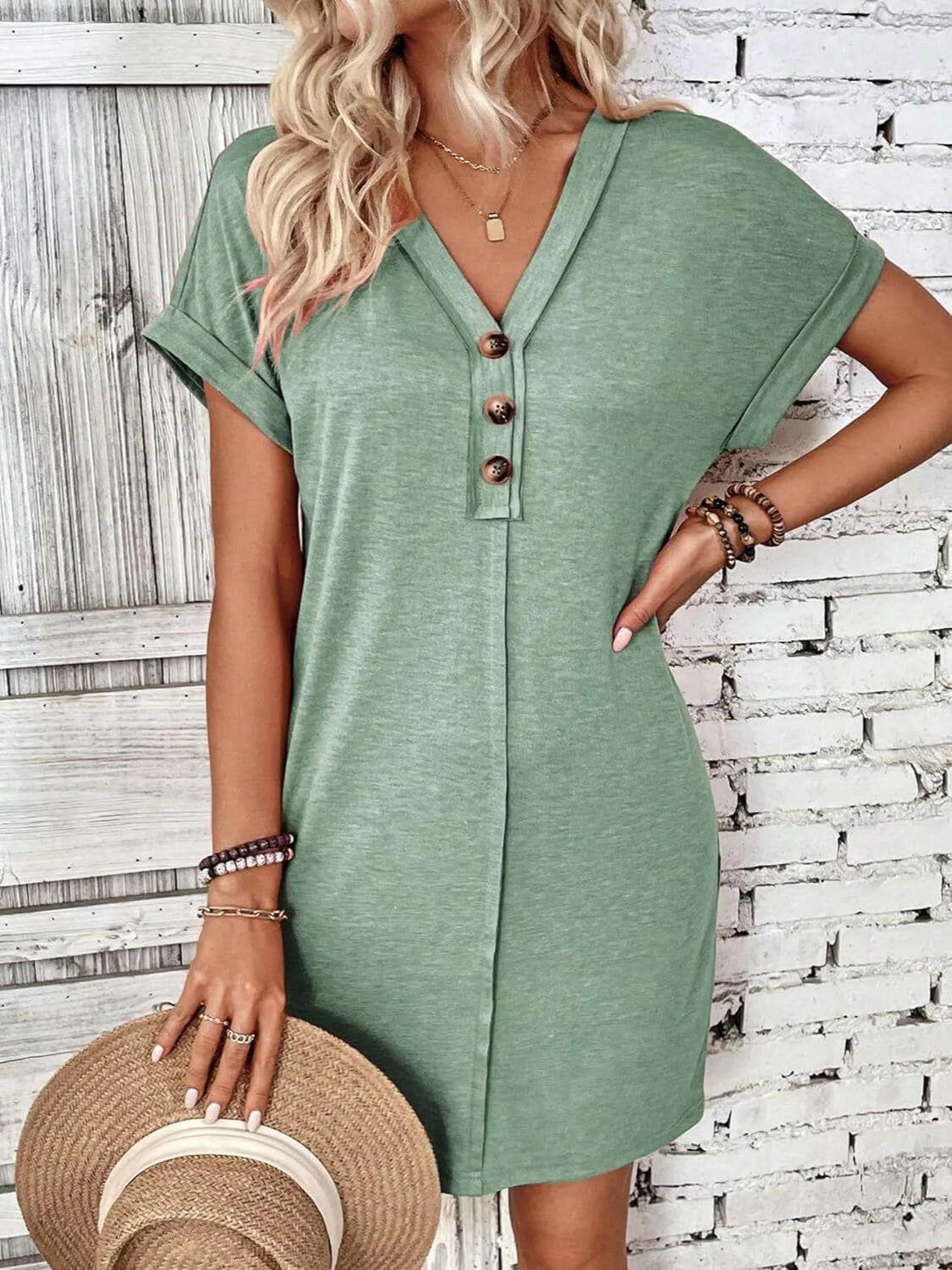 Quarter Button V-Neck Short Sleeve Dress.