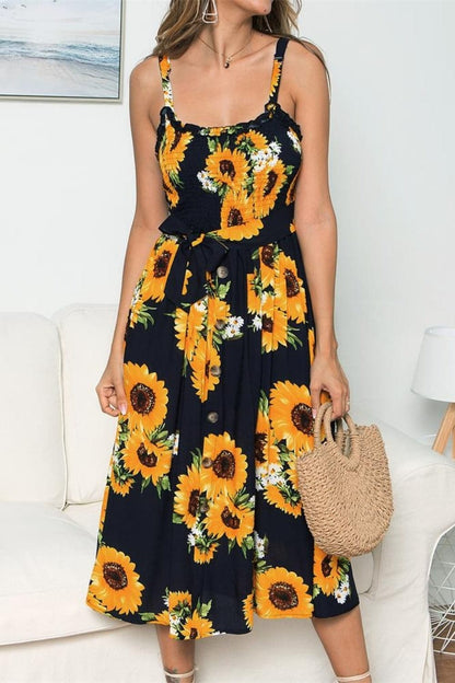 Smocked Sunflower Printed Sleeveless Cami Dress.